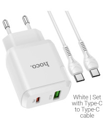 Блок пит USB сетевой HOCO N5, PD20W+QC3.0, 1хUSB-А,1хType-C, 3А + каб (Type-C на Type-C), 1 м,бел