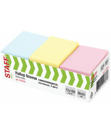 Блоки с клеевым краем 3шт 38x51мм, 100 листов, 3 цвета пастель Staff
