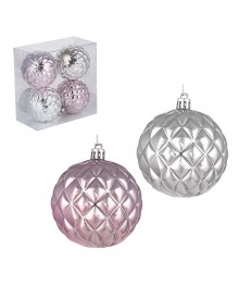 Набор формовых шаров 4шт 8см, розовый, серебро, пластикгрушки оптом. Елочные игрушки оптом по низкой цене со склада в Новосибриске. Елочные игрушки оптом.