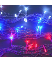 Эл.гирл. СНОУ БУМ занавес 2х2м, 100LED, 10 нитей, триколор,пост.свеч., ПВХ прозрачный 220В