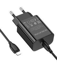 Блок пит USB сетевой BOROFONE BA65A + кабель IOS Lighting - Type-C 1м Чёрный (PD20W, 3000mA)
