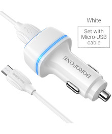 ЗУ в прикуриватель BOROFONE BZ14 2хUSB-А, 2.4A + кабель (AM-microBM), 1 м, белый (44/176)