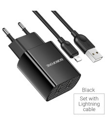 Блок пит USB сетевой  BOROFONE BA53A, 2хUSB-А, 2.1А + кабель (AM-8pin (Lightning), 1 м, черный