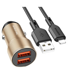 ЗУ в прикуриватель BOROFONE BZ19, 2,4A 2хUSB-A + кабель USB на 8pin Lightning, золотистое (94/376)