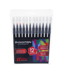 Фломастеры ClipStudio 12 цветов кисточки "Альфа", с прозрачным колпачком, черный корпус, смываемые