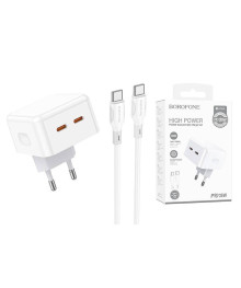 Блок пит USB сетевой BOROFONE BA76A + кабель Type-C - Type-C 1м Белый (2*PD 35W, 3000mA)