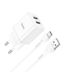 Блок пит USB сетевой  HOCO N25, 2хUSB-А, 2.1A, +кабель (AM-Type-C), 1 м, белый (13/130)