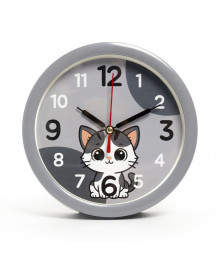 Часы будильник B4-057 d=15см, корпус серый "Котенок"