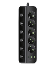 сет/фильтр QUMO Power Bar 5 выключаемых розеток, 3м, чёрный, 2500Вт, 10A, кабель 3*1 мм медь.