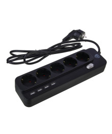 сет/фильтр BY 5 розеток, 2м, 4xUSB (3А), 0,75кв.мм,10А,2500Вт, чёрный